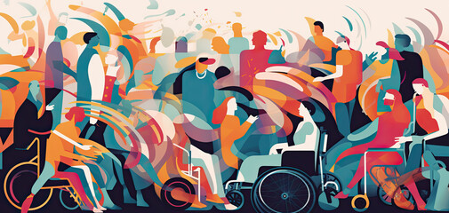 Abstract illustration of people in wheelchair with crowd of people - obrazy, fototapety, plakaty