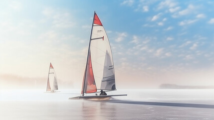 Naklejka premium Ice yachters sailing swiftly across a frozen lake, winter sports, with copy space, blurred background