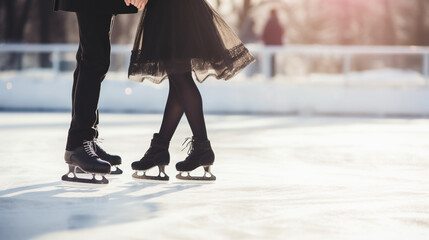 Ice dancers twirling gracefully on an outdoor rink, winter sports, with copy space, blurred...