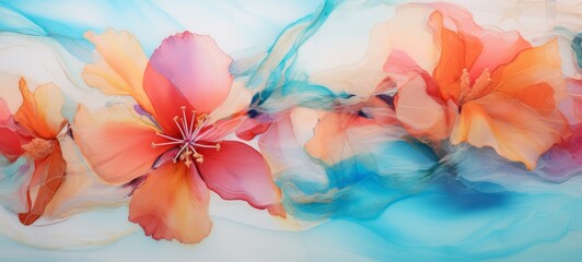 Abstract marbled ink liquid fluid watercolor painting texture banner illustration - Pink blue colors petals, blossom flowers, isolated on white background