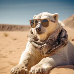 Foto op Plexiglas A polar bear with a scarf and sunglasses is seated in the desert. Sunny day as a background.  © PedroRS