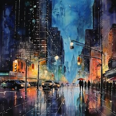 Watercolor painting of a night in the city.