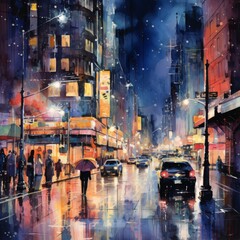 Watercolor painting of a night in the city.