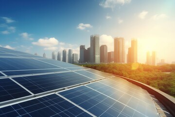 Solar panels in aerial view. Eco-technology of solar power plants in solar power plants with city background. alternative electricity source - concept of sustainable resources