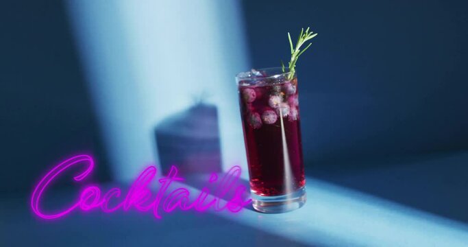Animation of cocktails neon text and cocktail on blue background