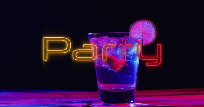 Animation of party neon text and cocktail on black background