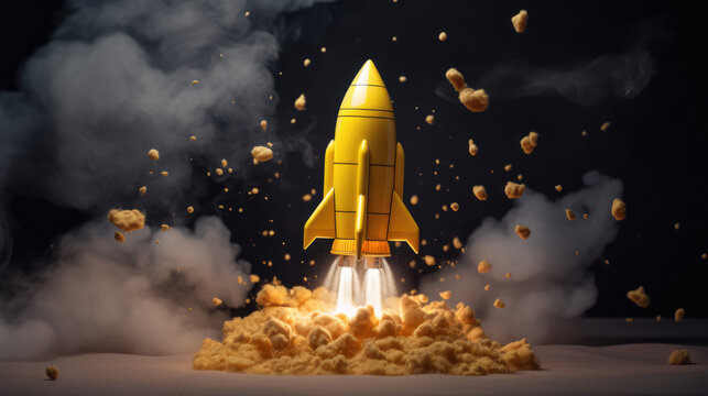 Creative concept of a yellow rocket launch amidst a dramatic explosion of golden popcorn against a dark, smoky backdrop.