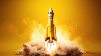 Rocket launching with dynamic explosion on vibrant yellow background, depicting powerful space mission and innovation.