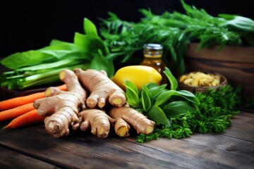 fresh ginger, turmeric, and other medicinal roots on a wooden table
