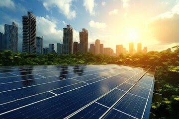 Solar panels in aerial view. Eco-technology of solar power plants in solar power plants with city background. alternative electricity source - concept of sustainable resources