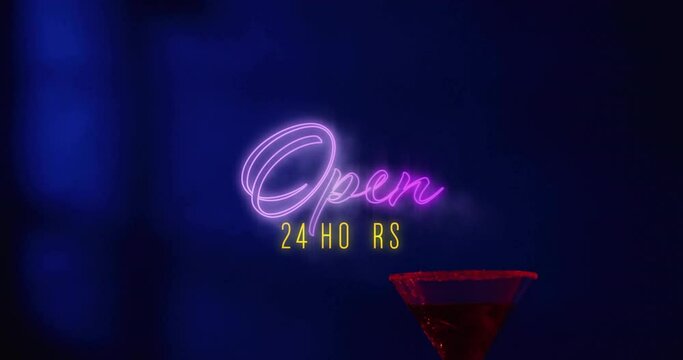 Animation of open 24 hours neon text and cocktail on blue background