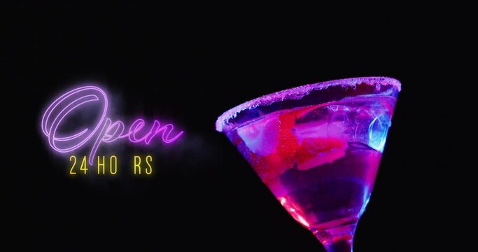Animation of open 24 hours neon text and cocktail on black background