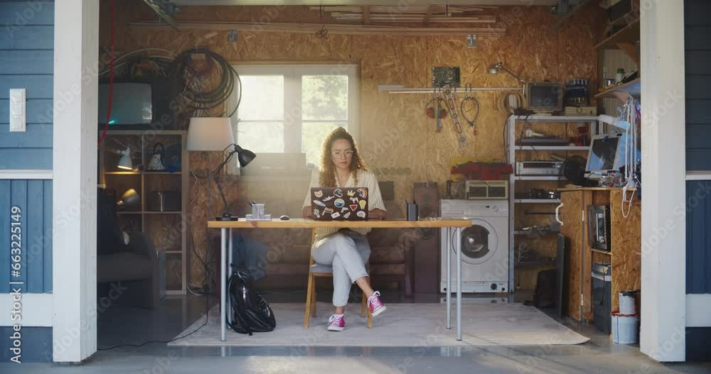Poster hispanic female software engineer coding on laptop computer in garage at home. focused young woman w