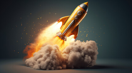 Dynamic 3D illustration of a vibrant orange rocket launch with fiery exhaust and sparking debris on a muted background. Ideal for innovation, startup, and space exploration themes. - obrazy, fototapety, plakaty