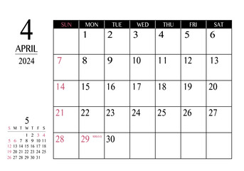 2024年 4月 シンプル書き込みカレンダー