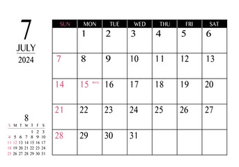 2024年 7月 シンプル書き込みカレンダー