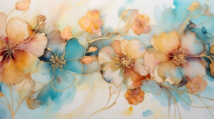 Abstract painted watercolor painting of flowers with gold details and blue turquoise white background wallpaper texture illustration