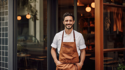 Cheerful male barista in brown apron standing outside a modern cafe with stylish interior, pendant lights, and warm ambiance. Urban coffee shop scene with friendly staff. - obrazy, fototapety, plakaty