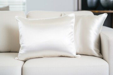 satin cushions on a white leather sofa