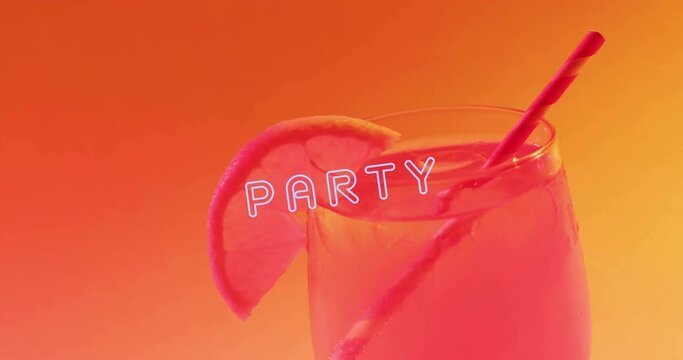 Animation of party neon text and cocktail on orange background