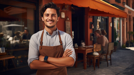 Cheerful male cafe owner in blue shirt and brown apron stands proudly outside his rustic urban eatery, with patrons enjoying in the background. Bright sunny ambiance with European charm.