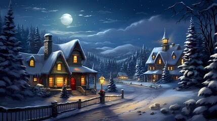 Christmas Night in Village. Snow Man, Ice Mountain,  Snow Houses.Concept Art Scenery. Character Design Concept Art Book Illustration Video Game Digital Painting. CG Artwork Background. Generative AI
 - obrazy, fototapety, plakaty