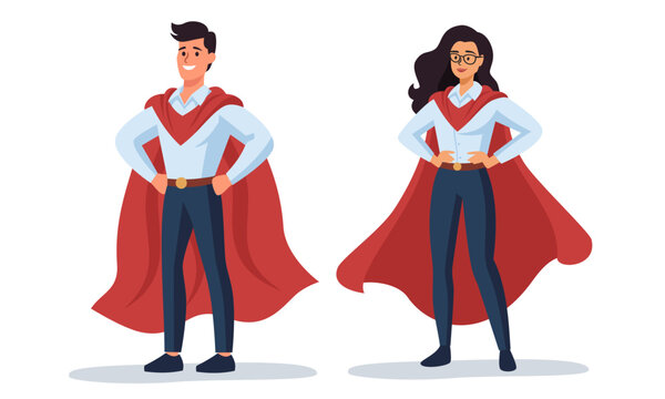 Flat vector illustration. Man and woman in office clothes with superhero cape. Vector illustration