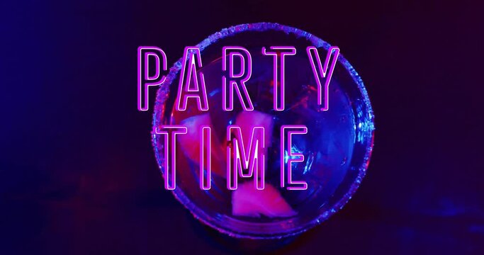 Animation of party time neon text and cocktail on blue background