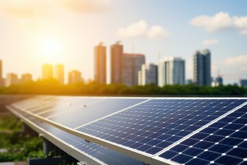 Fototapeta premium Solar panels in aerial view. Eco-technology of solar power plants in solar power plants with city background. alternative electricity source - concept of sustainable resources