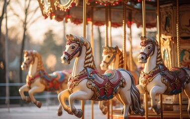 Fototapeta na wymiar Old Fashioned Carousel Horses Park Natural