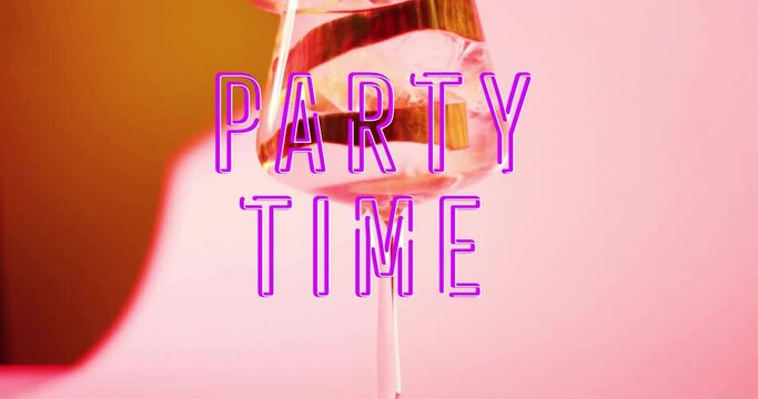 Animation of party time neon text and cocktail on pink background