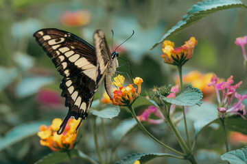 Papillon (Grand porte-queue ou Papilio cresphontes) avec des fleurs (lantana)