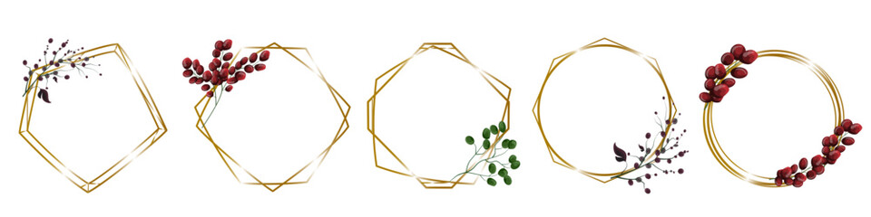 Vector set of golden frames with different berries. Festive templates for wedding design . Vector illustration