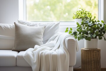 white beige cloth blanket on grey contemporary soft and comfort armchair close up beautiful cosy...