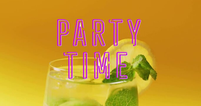 Animation of party time neon text and cocktail on orange background