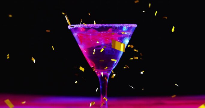 Animation of confetti falling and cocktail on black background