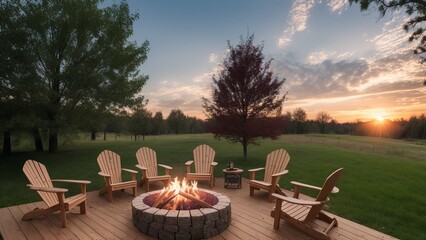 A Fire Pit On A Deck With Chairs Around It - obrazy, fototapety, plakaty