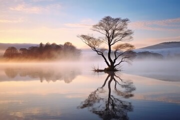 Wanaka's lone willow tree which is situated just off of the lake shore. - obrazy, fototapety, plakaty