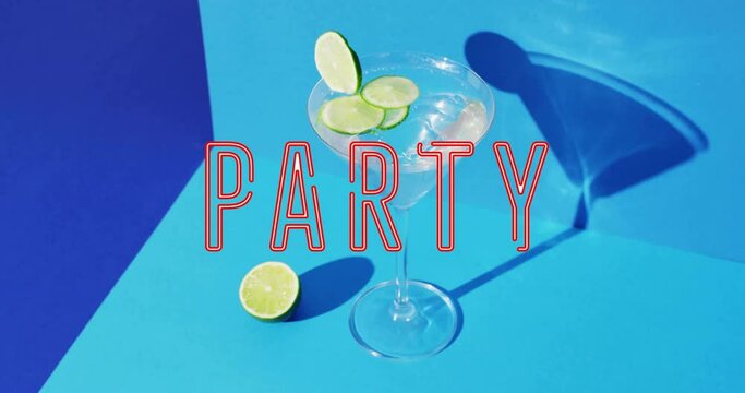 Animation of party neon text and cocktail on blue background