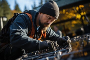 Engineer maintaining solar cell panels on the rooftop, Engineer worker install solar panel. Clean energy concept.