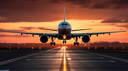 Fototapeta na wymiar Airplane on the runway at sunset. Concept of travel and business