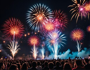 Obraz premium Vibrant fireworks explode in a velvety night sky, painting the scene with mesmerizing bursts of color and illuminating a jubilant crowd below