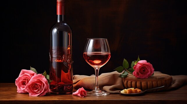 Romantic concept table with wine and beautiful roses dark background. AI generated image