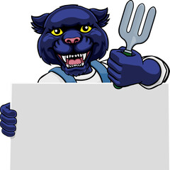 A gardener, farmer or handyman panther cartoon mascot man holding a gardening tool