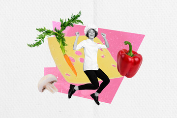 Creative composite photo collage of excited ecstatic chief cook delicious dish with cheese...