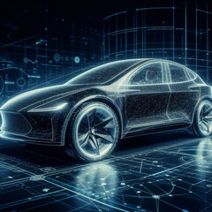 Obraz na płótnie Canvas Futuristic black electric car with holographic wireframe digital technology background, a glimpse into the future of transportation.