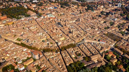 Aerial view of the historic center of Reggio Emilia, Italy. The Old Town develops along the ancient Via Emilia.