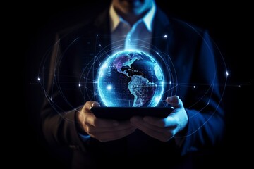 Man holding projection of earth on a tablet.AI Generated