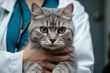 Vet doctor holding cat in arms. AI Generated