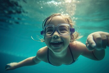 Fototapeta premium Small kid swimming in pool. AI Generated